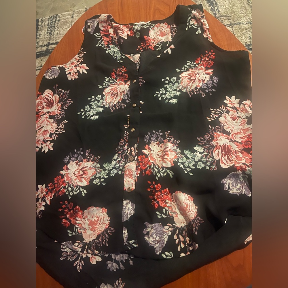 Maurices Black Floral Sleeveless Camisole with Pink and Purple Blooms